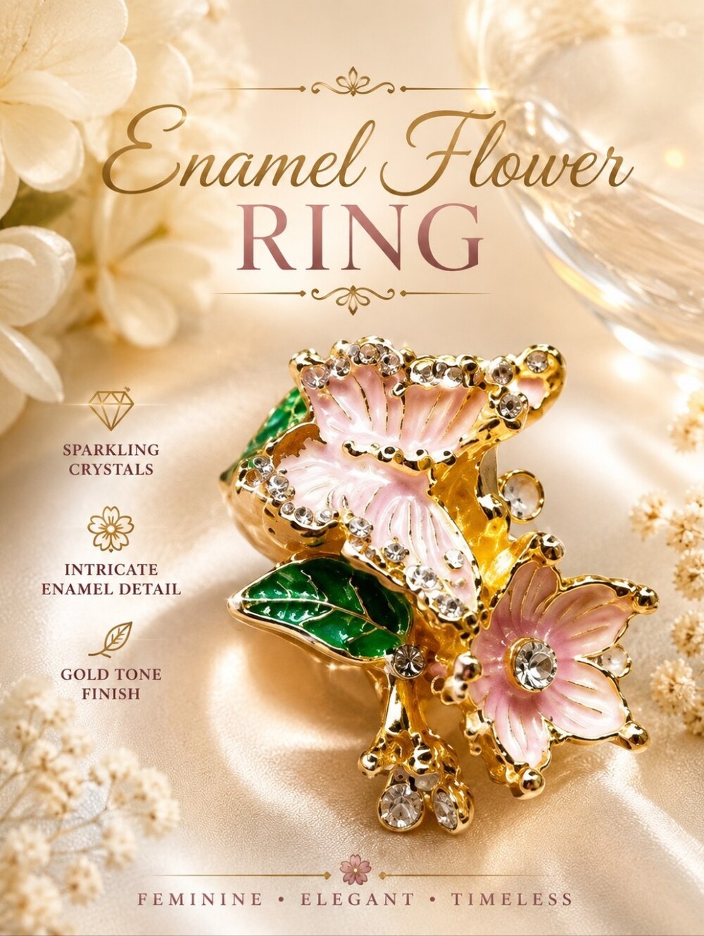 Crystal Accented Floral Butterfly Ring